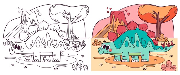 Ilustración de libro para colorear de dinosaurio dibujado a mano