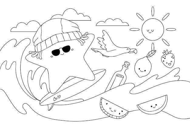 Ilustración de libro para colorear kawaii dibujado a mano