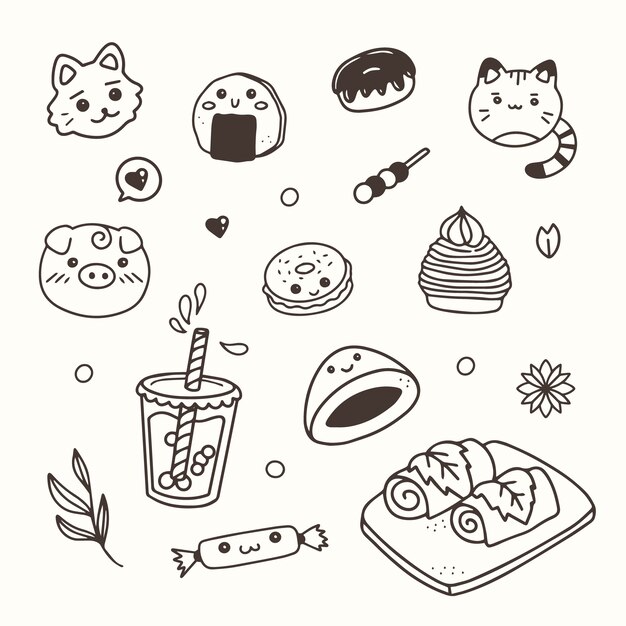 Ilustración de libro para colorear kawaii dibujado a mano