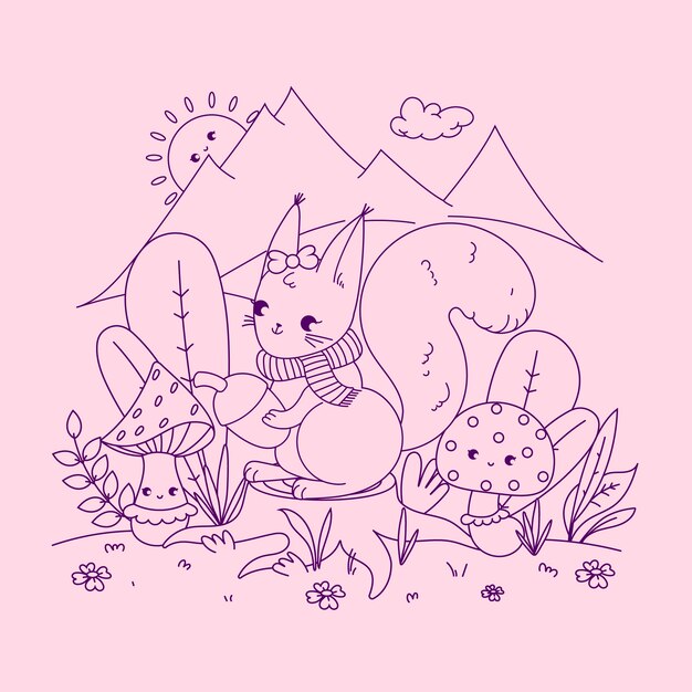 Ilustración de libro para colorear kawaii dibujado a mano
