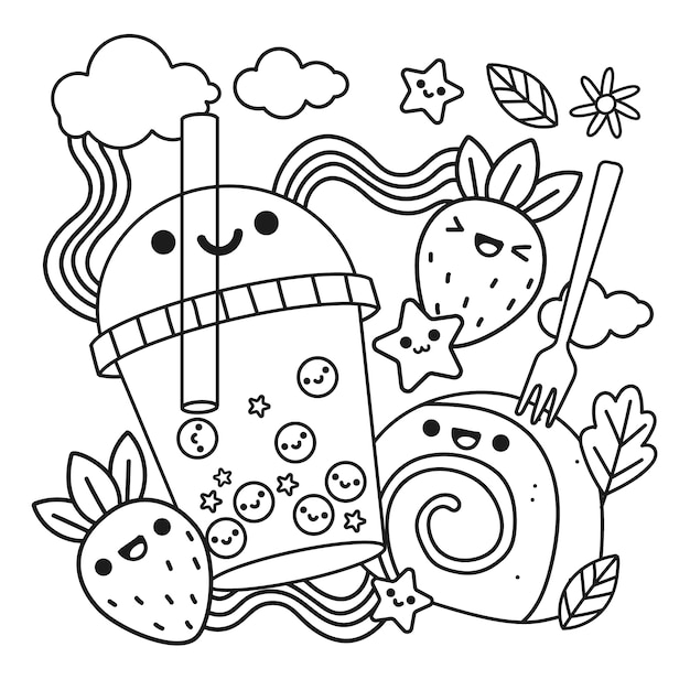 Ilustración de libro para colorear kawaii dibujado a mano