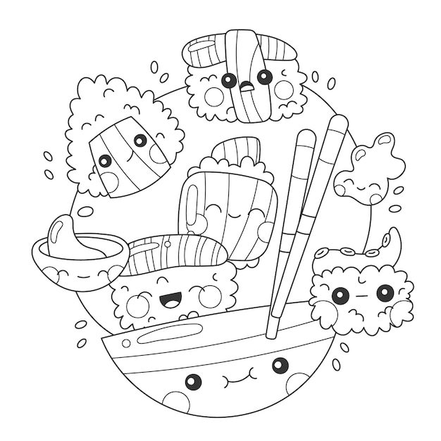 Ilustración de libro para colorear kawaii dibujado a mano