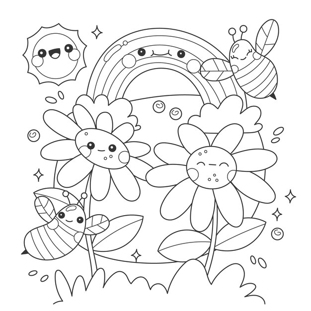 Ilustración de libro para colorear kawaii dibujado a mano