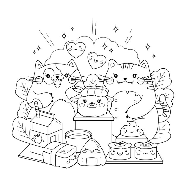 Ilustración del libro de colorear kawaii dibujado a mano