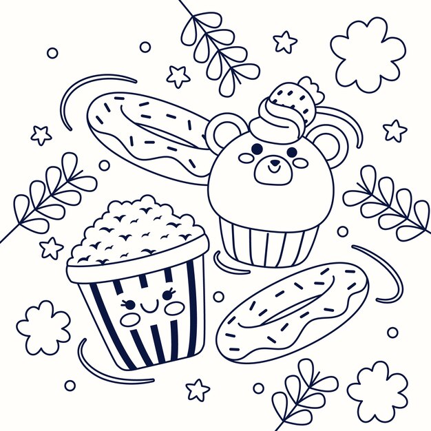 Ilustración de libro para colorear kawaii de diseño plano