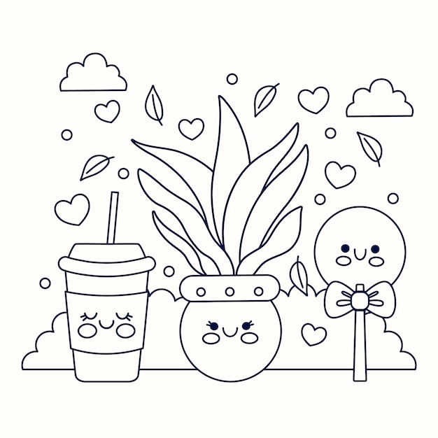Ilustración de libro para colorear kawaii de diseño plano