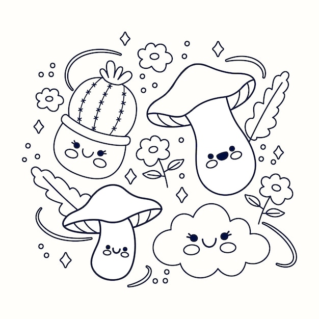 Ilustración de libro para colorear kawaii de diseño plano