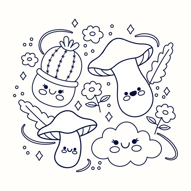Ilustración de libro para colorear kawaii de diseño plano
