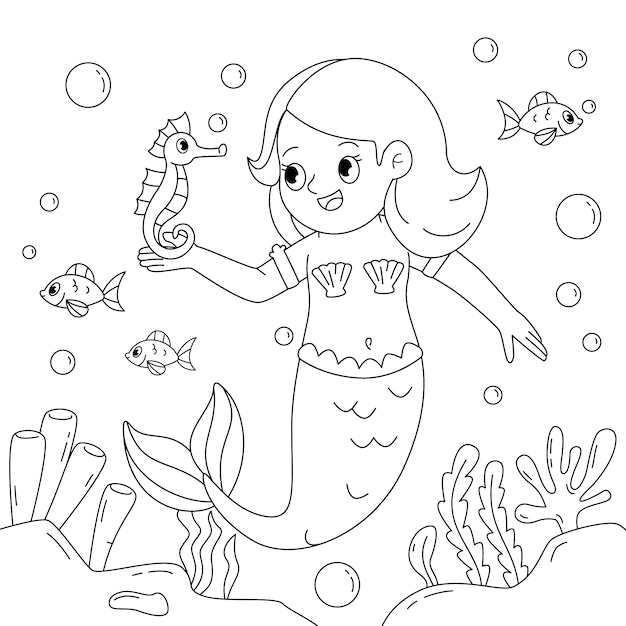 Ilustración de libro para colorear de sirena dibujada a mano