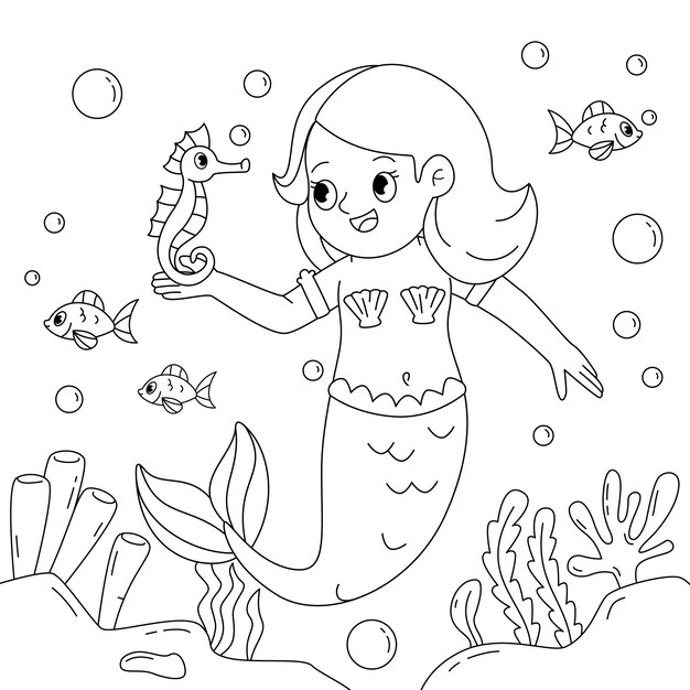 Ilustración de libro para colorear de sirena dibujada a mano