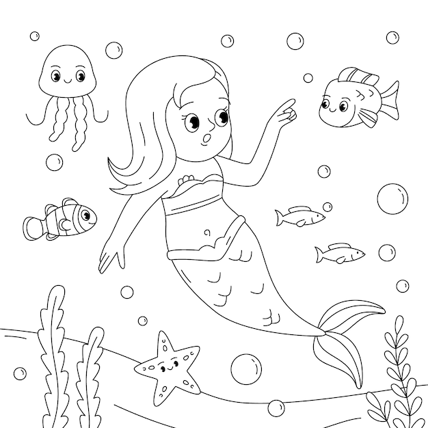 Ilustración de libro para colorear de sirena dibujada a mano