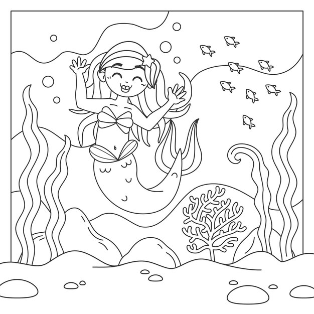 Ilustración de libro para colorear de sirena dibujada a mano