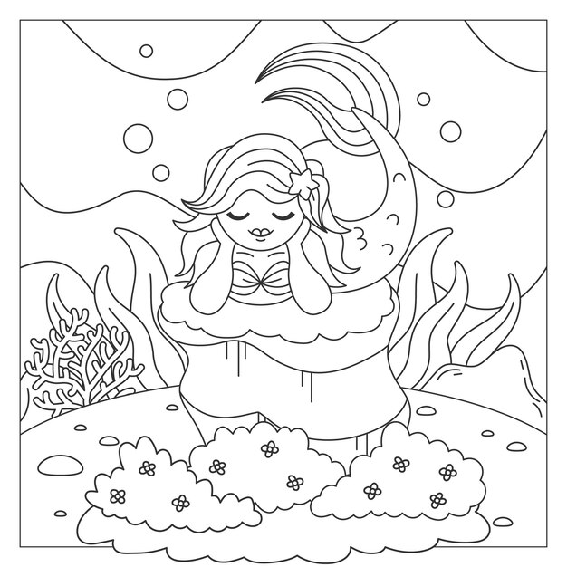 Ilustración de libro para colorear de sirena dibujada a mano
