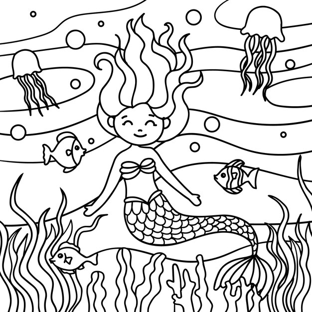 Ilustración de libro para colorear de sirena dibujada a mano