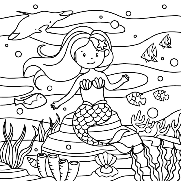 Vector gratuito ilustración de libro para colorear de sirena dibujada a mano