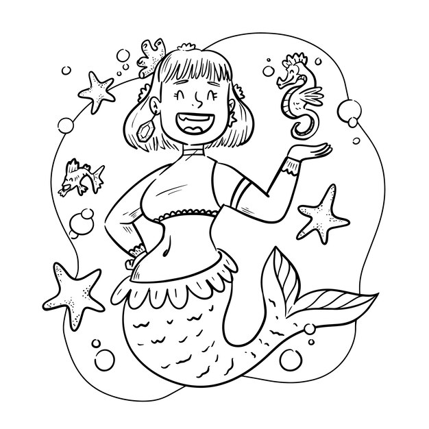 Ilustración de libro para colorear de sirena dibujada a mano