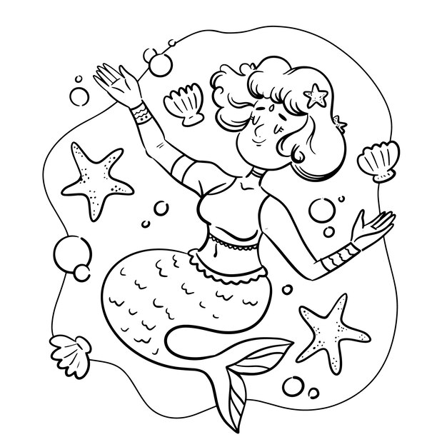 Ilustración de libro para colorear de sirena dibujada a mano
