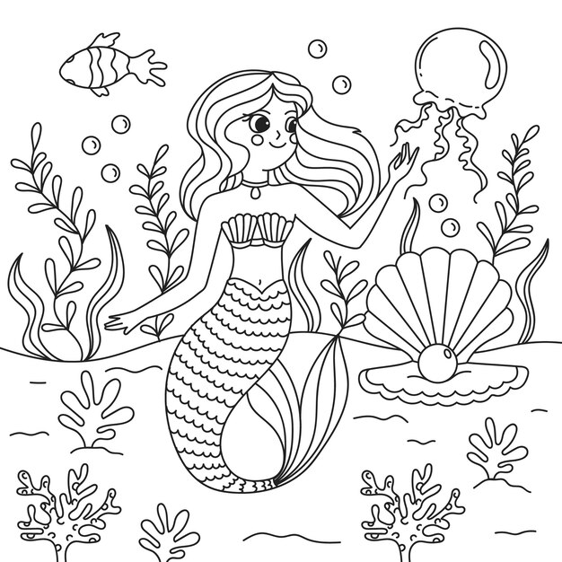 Ilustración de libro para colorear de sirena dibujada a mano
