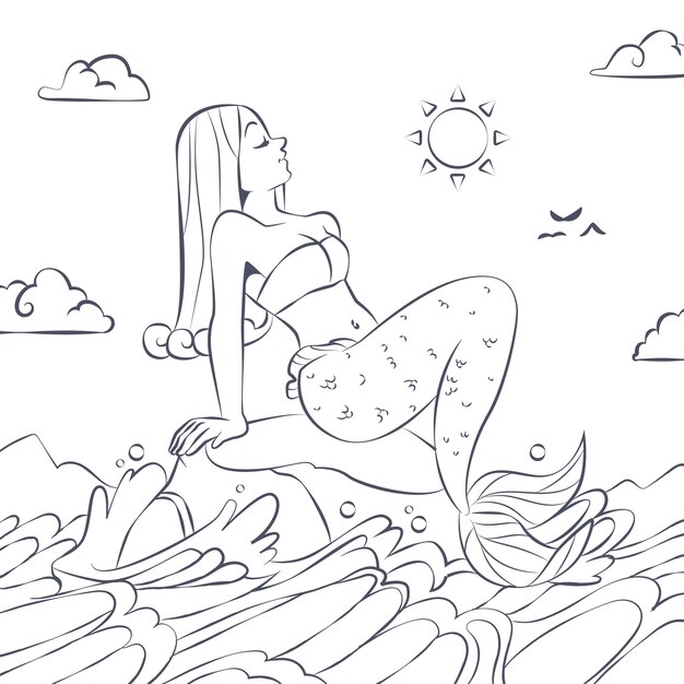 Ilustración de libro para colorear de sirena dibujada a mano