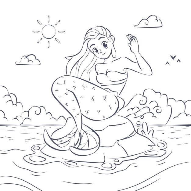 Ilustración de libro para colorear de sirena dibujada a mano