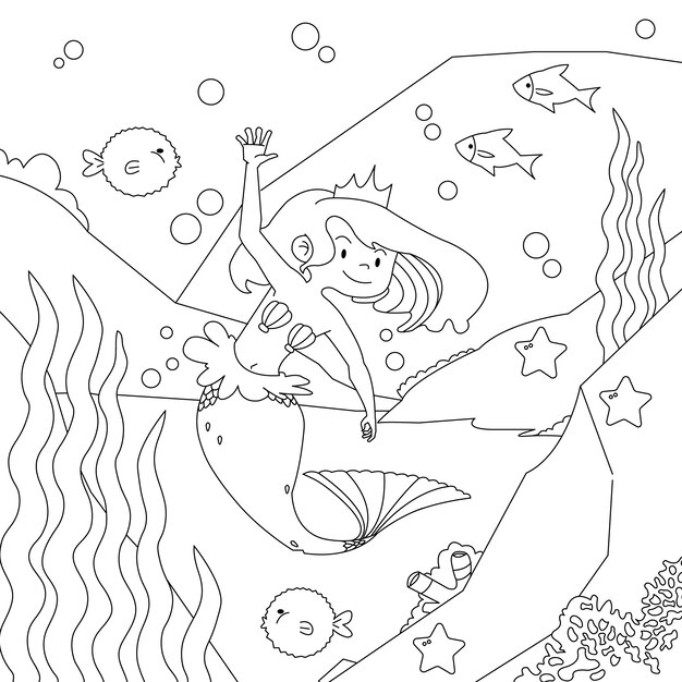 Ilustración de libro para colorear de sirena dibujada a mano