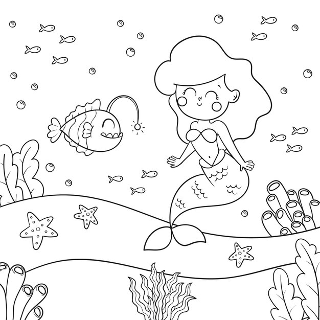 Ilustración de libro para colorear de sirena dibujada a mano