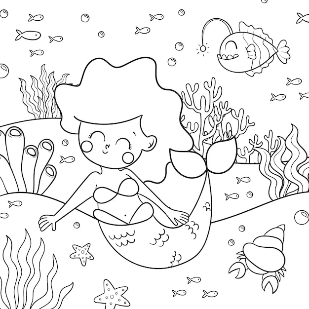 Ilustración de libro para colorear de sirena dibujada a mano