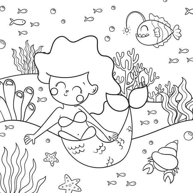 Ilustración de libro para colorear de sirena dibujada a mano