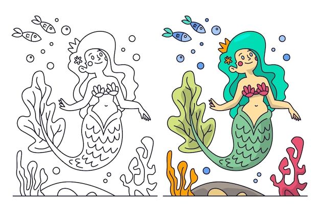 Ilustración de libro para colorear de sirena dibujada a mano