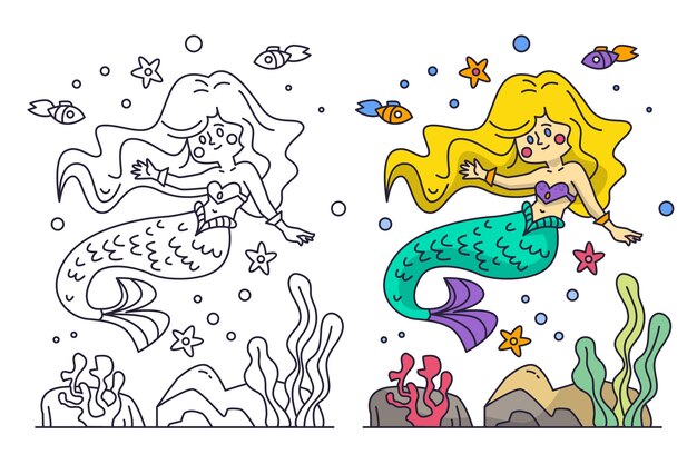 Ilustración de libro para colorear de sirena dibujada a mano