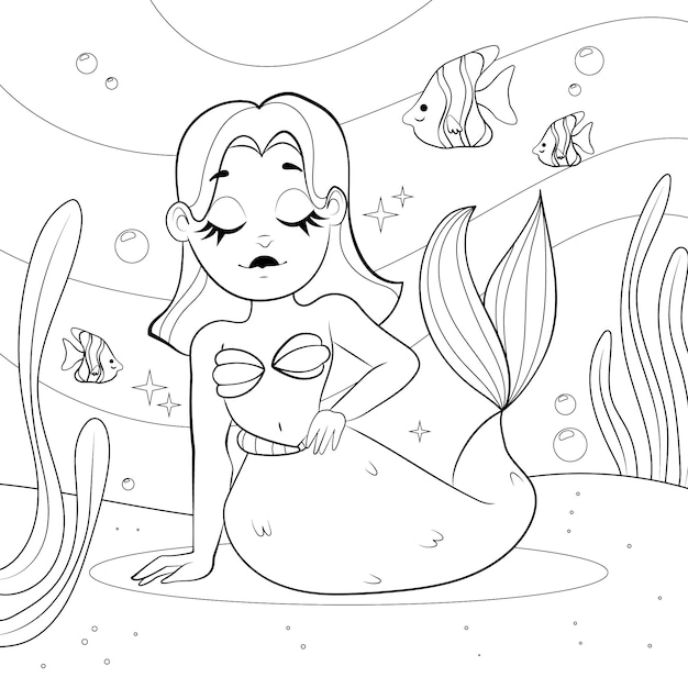Ilustración de libro para colorear de sirena dibujada a mano
