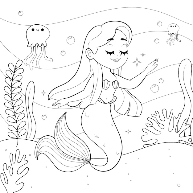 Ilustración de libro para colorear de sirena dibujada a mano