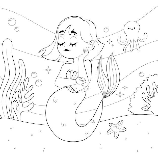 Ilustración de libro para colorear de sirena dibujada a mano