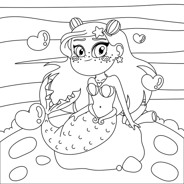 Ilustración de libro para colorear de sirena dibujada a mano