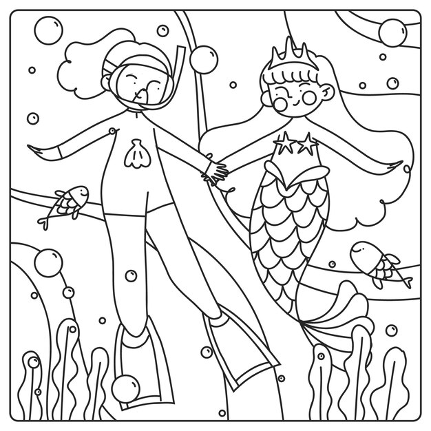 Ilustración de libro para colorear de sirena dibujada a mano