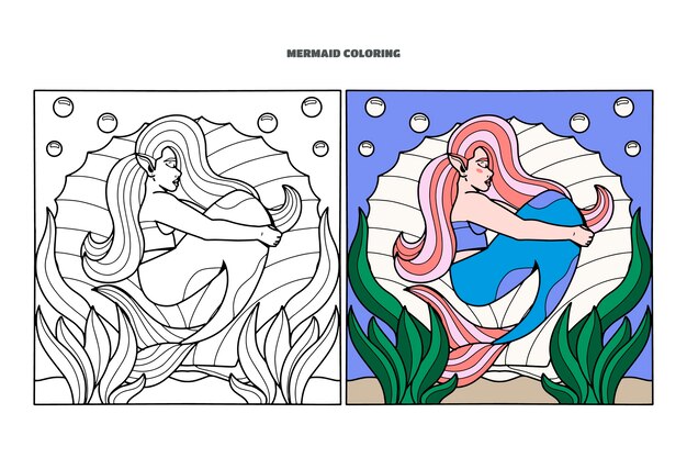 Ilustración de libro para colorear de sirena dibujada a mano