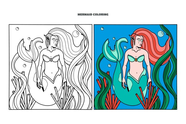 Ilustración de libro para colorear de sirena dibujada a mano