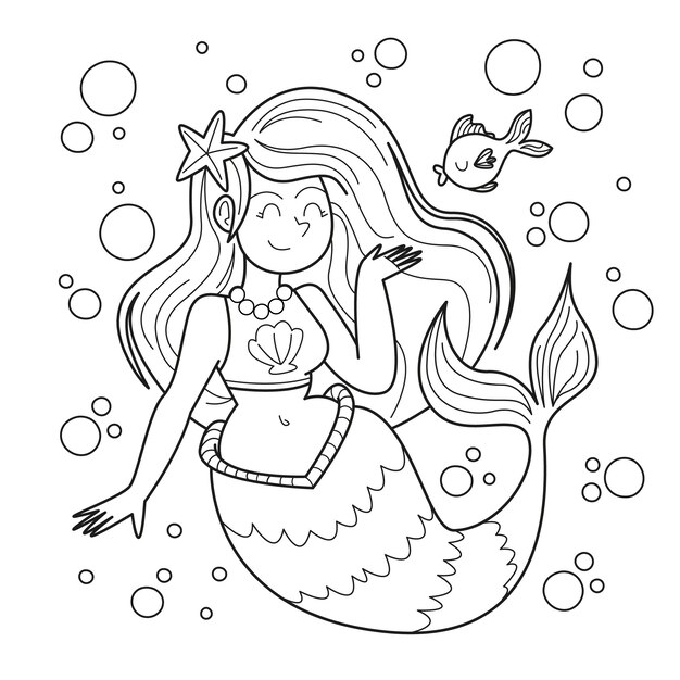 Ilustración de libro para colorear de sirena dibujada a mano