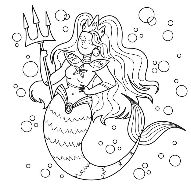 Ilustración de libro para colorear de sirena dibujada a mano