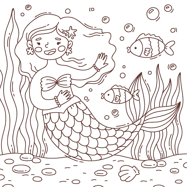 Ilustración de libro para colorear de sirena dibujada a mano