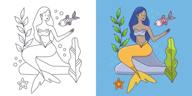 Ilustración de libro para colorear de sirena dibujada a mano