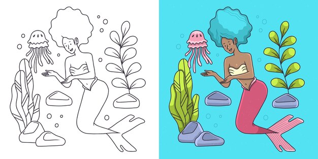 Ilustración de libro para colorear de sirena dibujada a mano