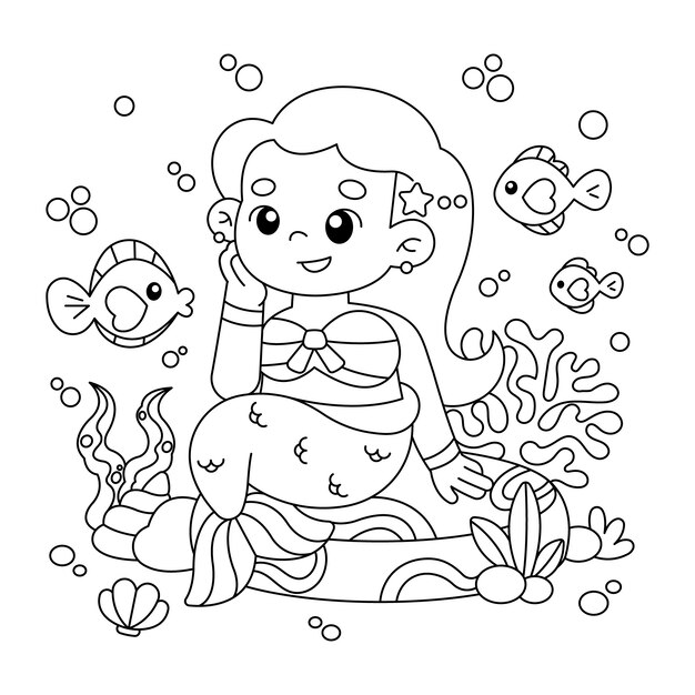 Ilustración de libro para colorear de sirena dibujada a mano