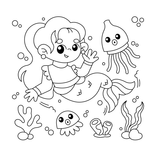 Ilustración de libro para colorear de sirena dibujada a mano