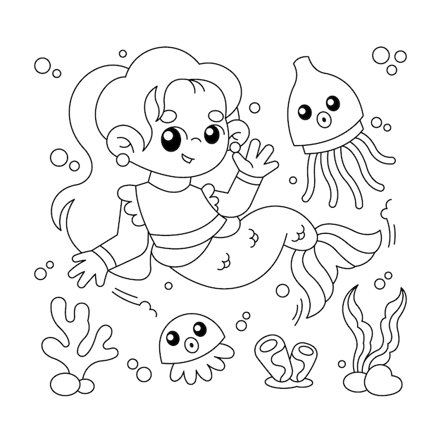 Ilustración de libro para colorear de sirena dibujada a mano