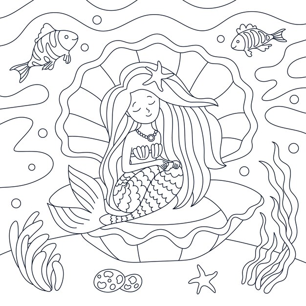 Ilustración de libro para colorear de sirena dibujada a mano