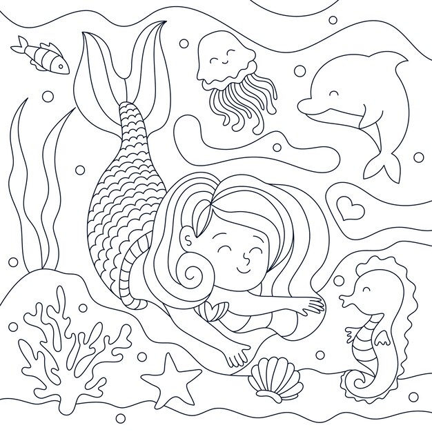Ilustración de libro para colorear de sirena dibujada a mano