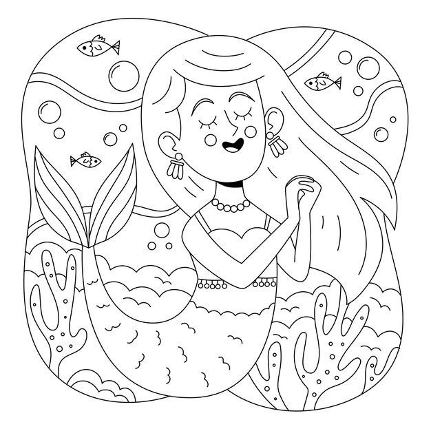 Ilustración de libro para colorear de sirena dibujada a mano