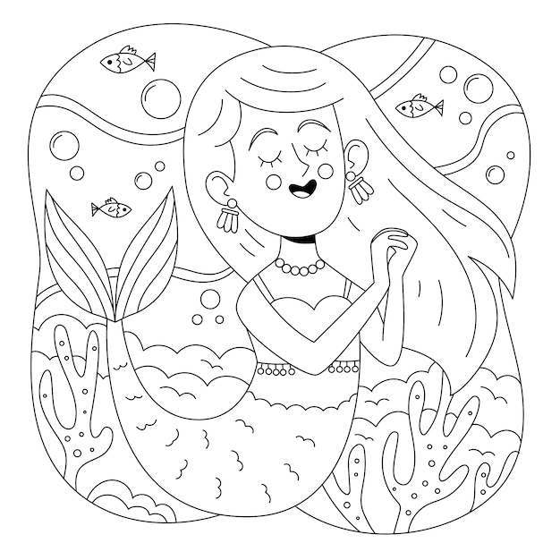 Ilustración de libro para colorear de sirena dibujada a mano