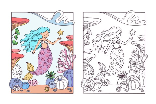 Ilustración de libro para colorear de sirena dibujada a mano